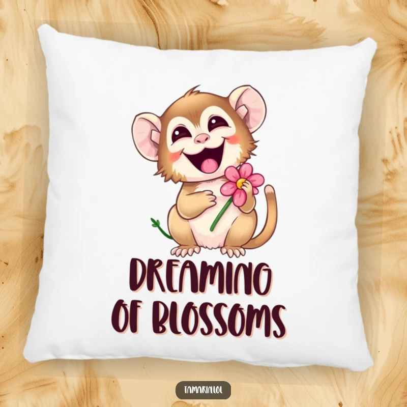 Funny tamarin pillow showcasing a happy monkey giggling with a flower, perfect for adding comfort and smiles to any room.