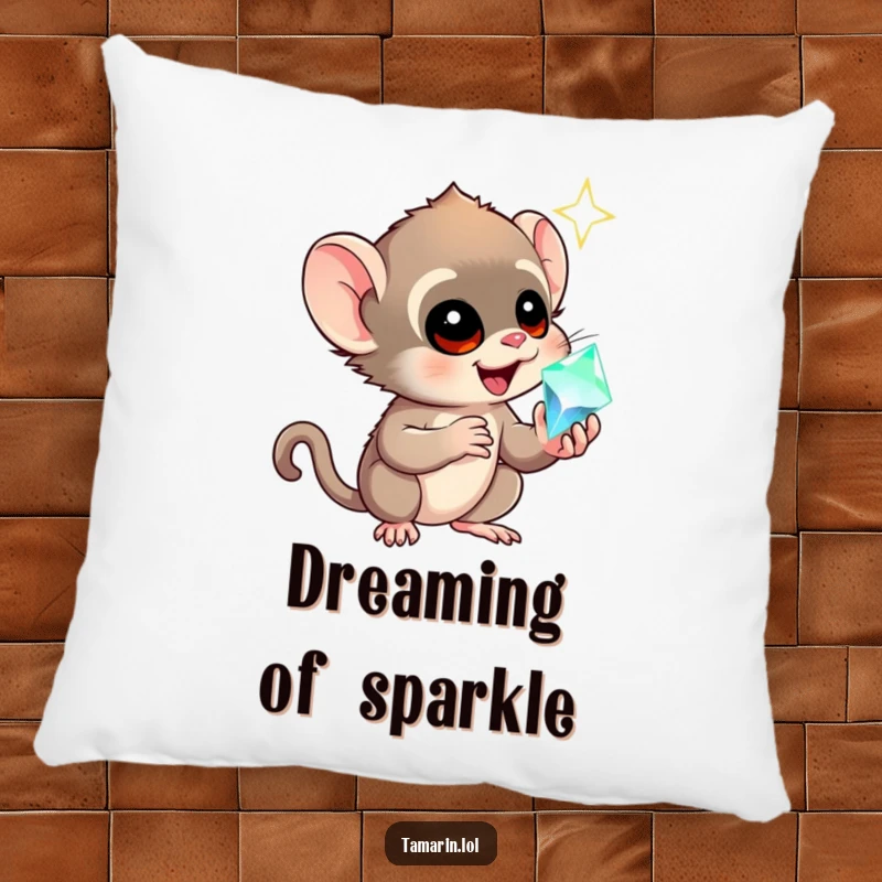 Funny tamarin pillow showing a monkey in awe of a sparkling gem, offering a humorous and cozy decorative touch.