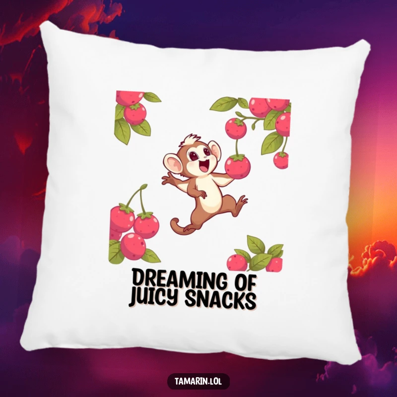 Funny pillow decoration showing a tamarin character mid-leap, excitedly trying to catch a luminous berry, perfect for adding humor to any cozy spot.