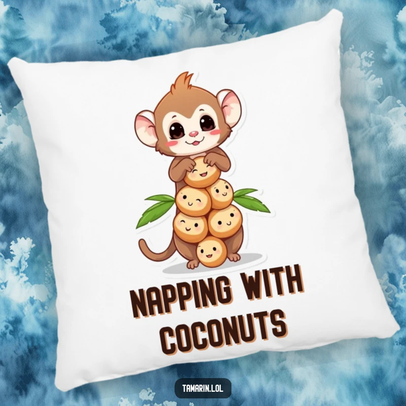 Funny Tamarin Coconut Balance Pillow showing a tamarin monkey balancing tiny smiling coconuts.