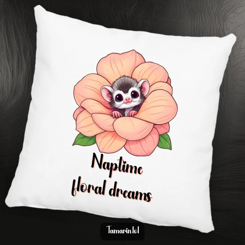 Funny tamarin pillow with a charming monkey peeking from a large flower, offering comfort and a touch of jungle whimsy.