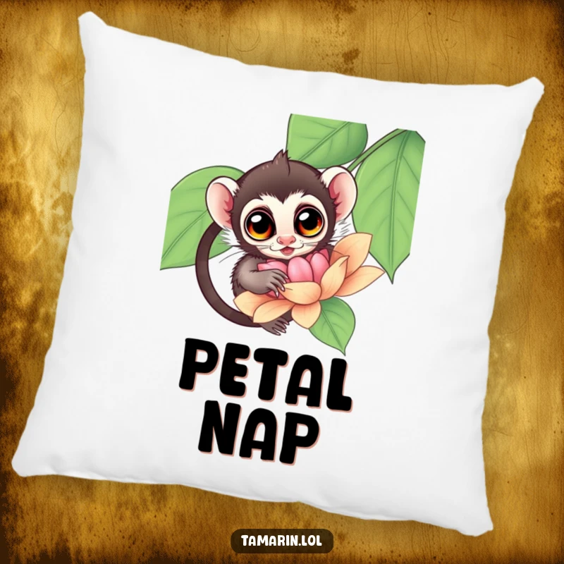 Funny Tamarin Pillow featuring a tamarin with big, curious eyes investigating a large, beautiful flower.