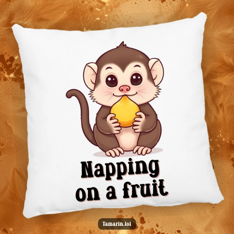 Funny Tamarin Pillow: Features a tamarin balancing fruit on its nose, ideal for a humorous and comfortable accent.