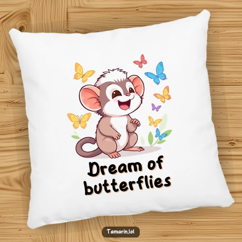 Funny Tamarin Pillow featuring character giggling while watching colorful butterflies flutter by, bringing comfort and joy.