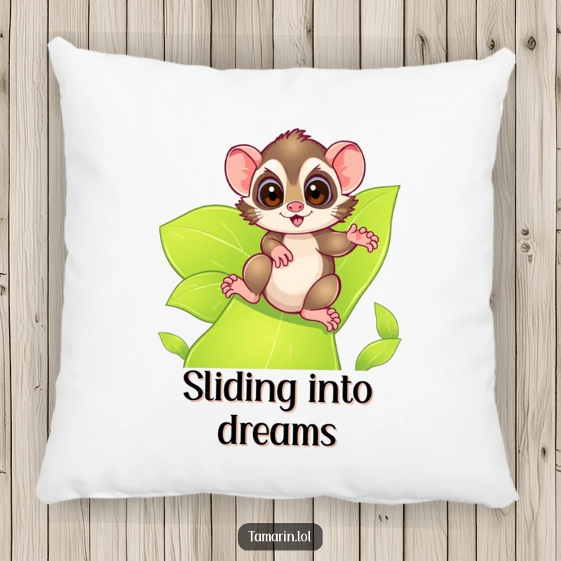 Funny tamarin pillow, featuring a tamarin with excited eyes sliding down a leafy green slide, offering comfort and a reminder of thrilling adventures.