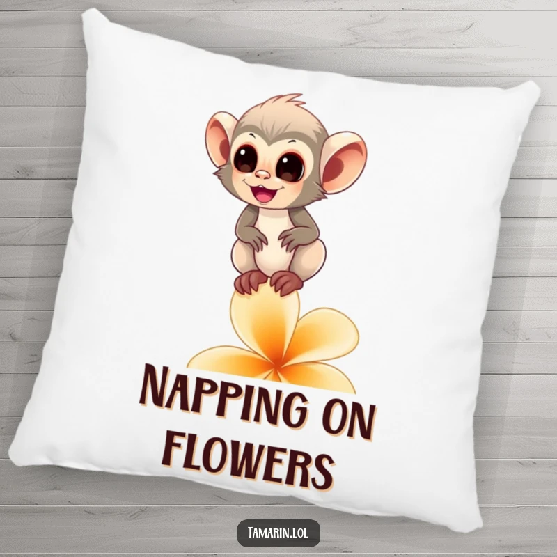 Funny tamarin monkey pillow featuring a happy primate balancing on a flower petal, adding soft, humorous decor.