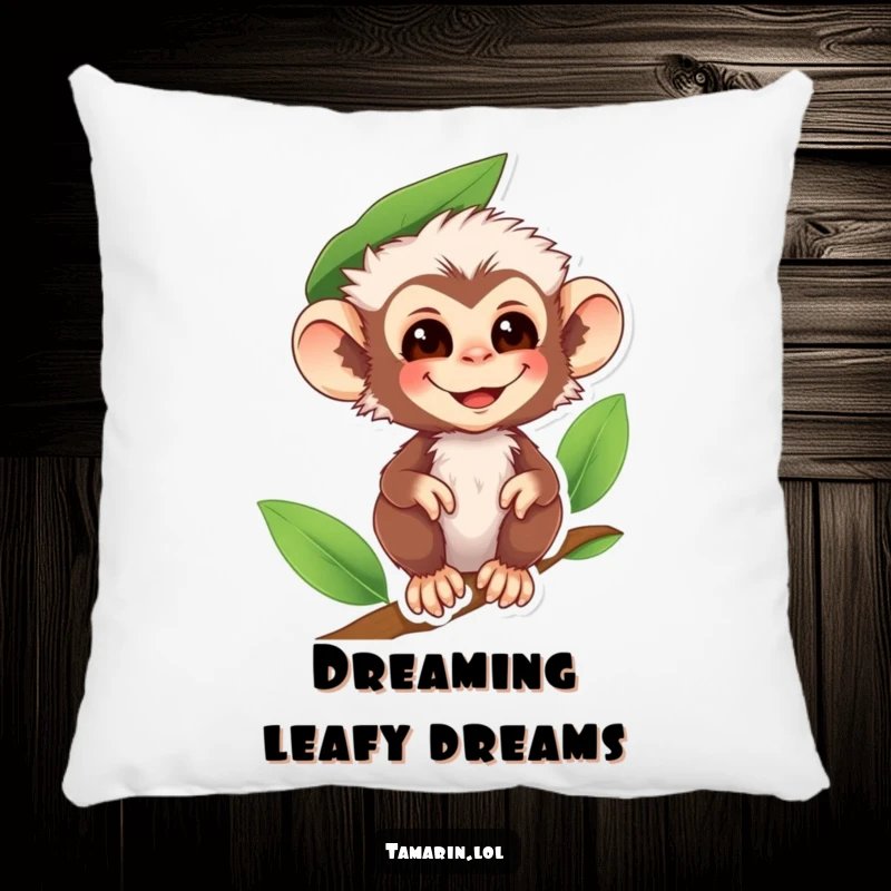 Funny tamarin monkey pillow featuring a smiling primate wearing a leaf hat, adding soft, humorous woodland decor.