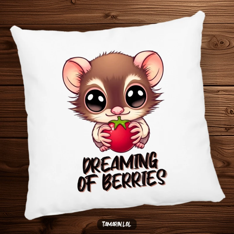 Funny pillow with a wide-eyed tamarin looking at a juicy berry, soft and decorative, ideal for adding jungle charm and humor, a funny gift.