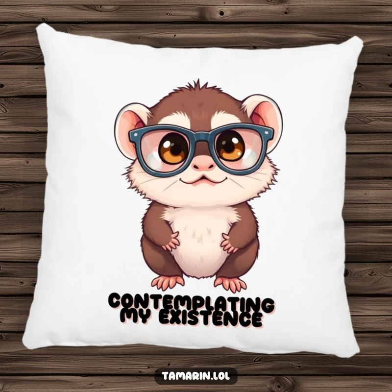 Funny tamarin monkey in big glasses, squinting thoughtfully, on a soft, decorative pillow, adding a cozy and humorous touch.