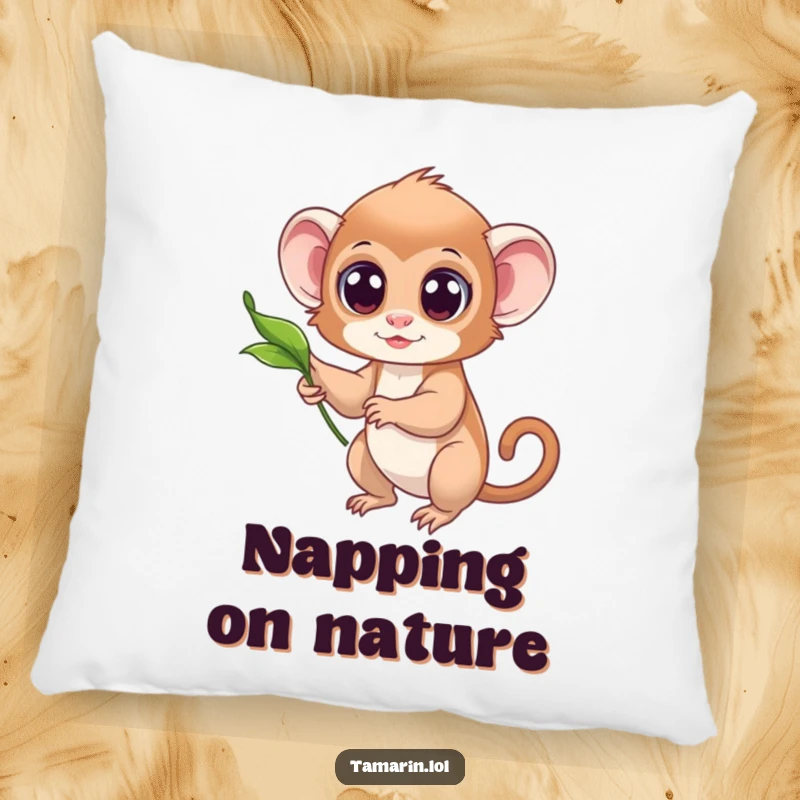 Funny pillow featuring a tamarin character with wide, innocent eyes reaching out towards a delicately floating leaf.