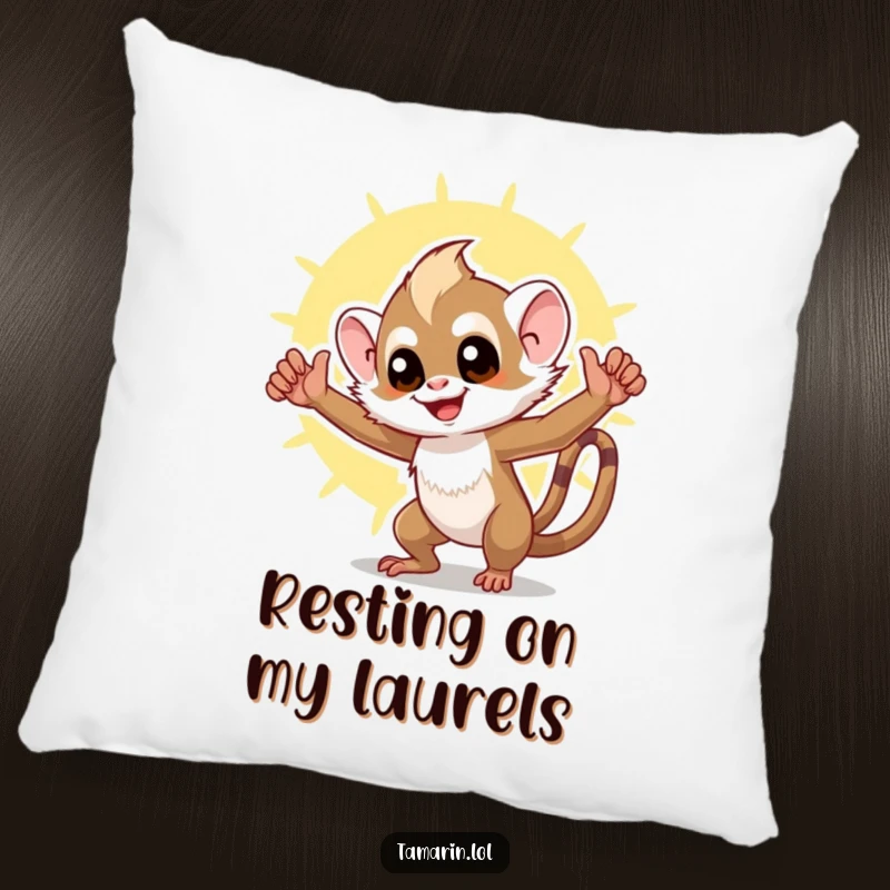 Funny tamarin pillow featuring a victorious monkey in a proud pose against a sunny backdrop, offering a soft and humorous decorative touch.