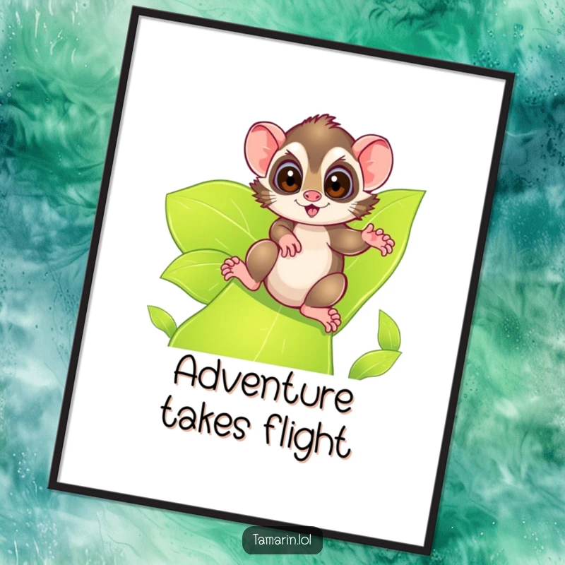 Funny tamarin digital art print, featuring a tamarin with excited eyes sliding down a leafy green slide, perfect for adventurous and humorous wall art.