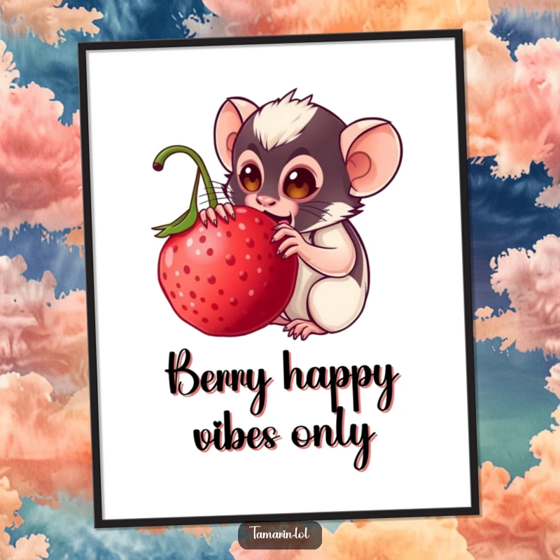 Funny tamarin digital art print: a high-resolution image of a delighted monkey happily munching on a huge, juicy berry for instant decor.