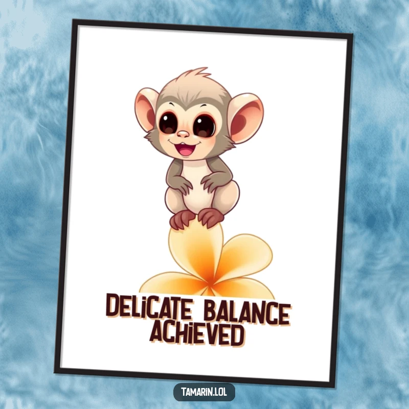Funny tamarin monkey digital art print showing a happy primate balancing delicately on a flower petal, embodying serene humor.