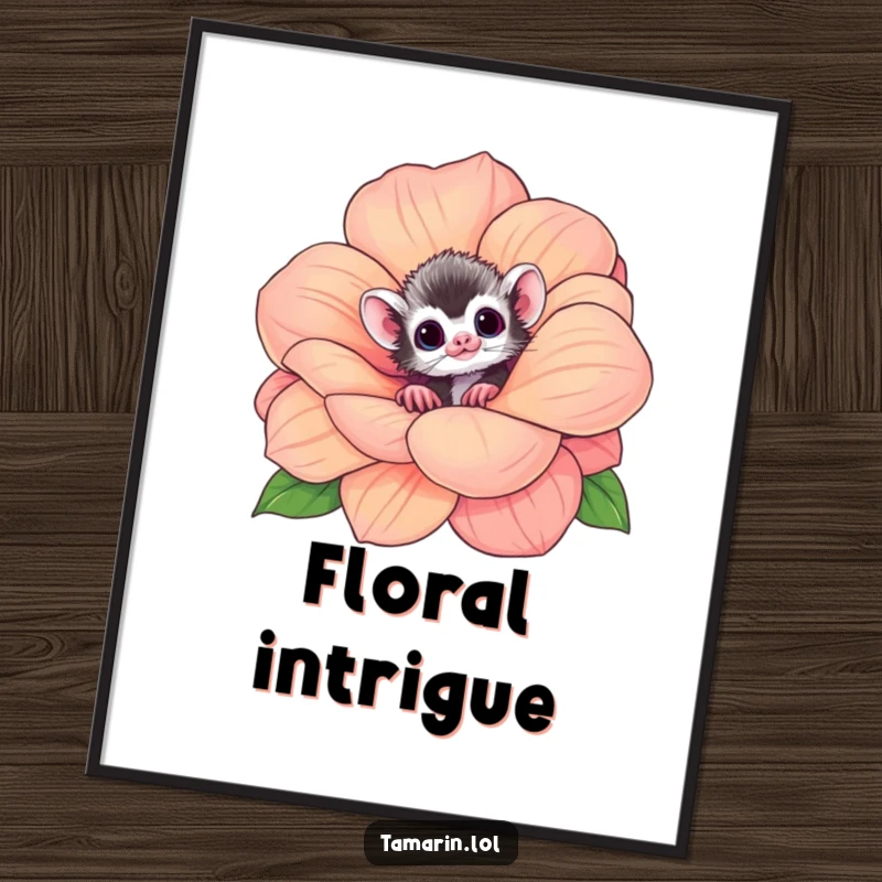 Funny tamarin digital art print of a curious monkey peeking from a vibrant, oversized flower, perfect for instant download.