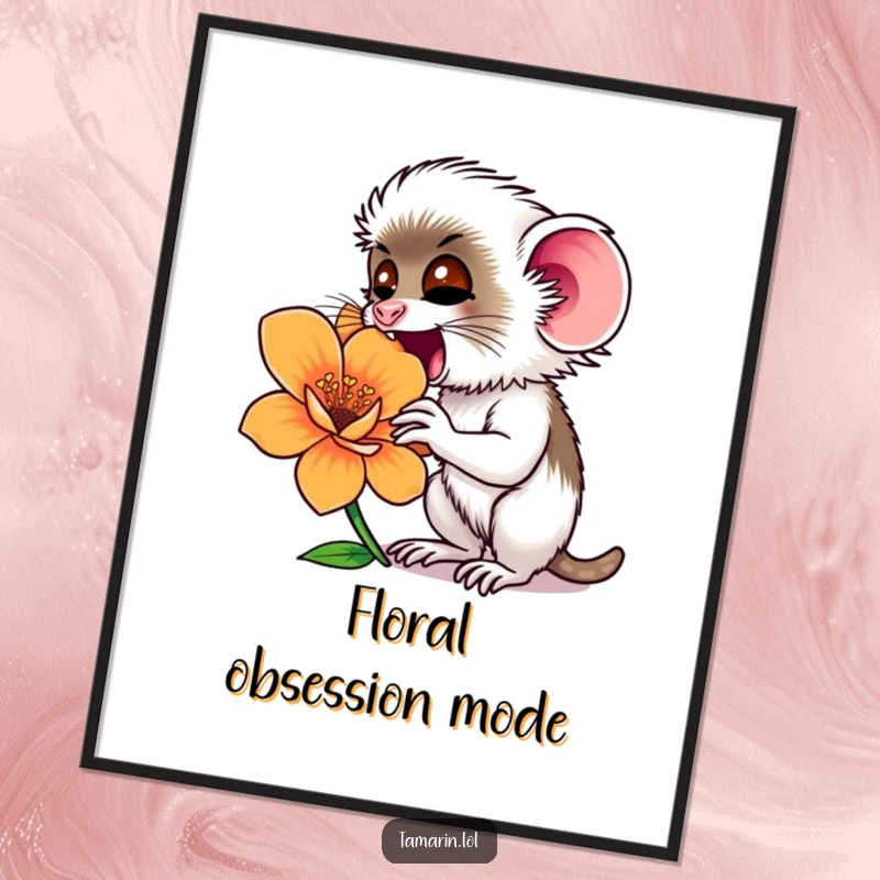 Funny tamarin monkey excitedly sniffing a large, colorful flower, a delightful and humorous nature-themed digital artwork.