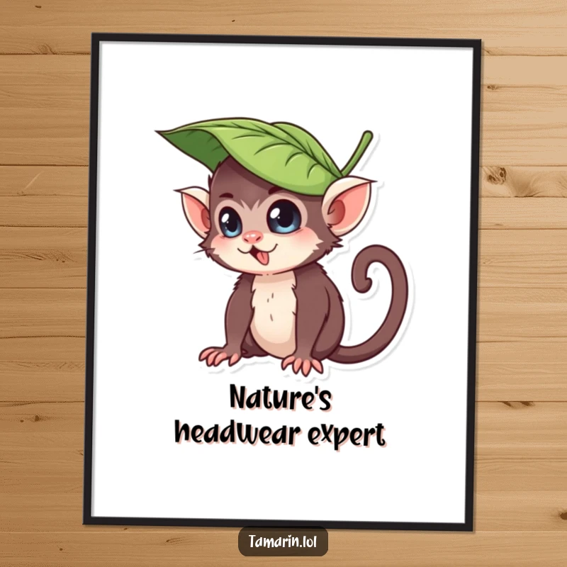 Funny digital art print of a tamarin character wearing a leaf as a hat, with a playful and mischievous expression, adding whimsical humor to any decor.