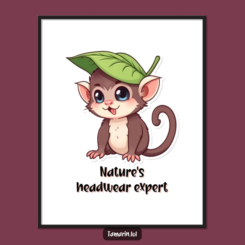 Funny Leaf Hat Tamarin Digital Print: Instantly Download Playful Primate Art for Your Walls