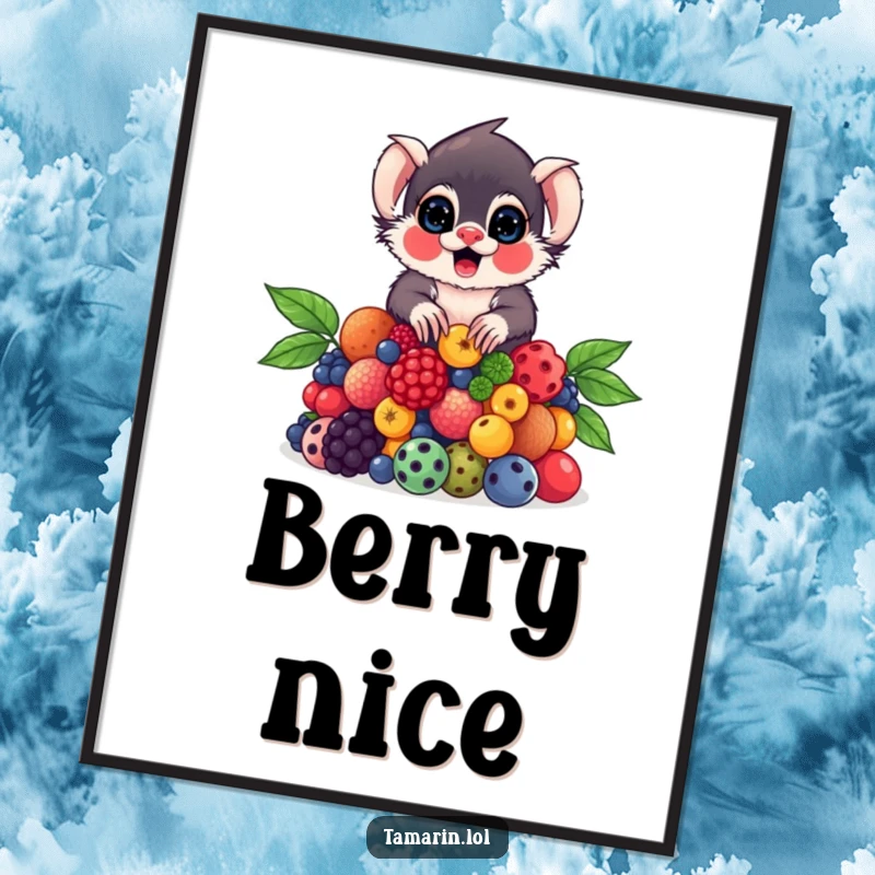 Funny Tamarin Berry Digital Art Print of a tamarin skillfully balancing a pile of colorful berries, full of charm.