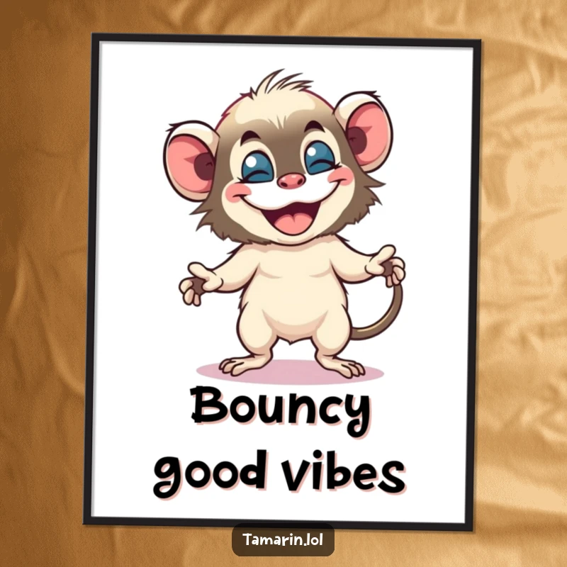 Funny tamarin digital art print of a small monkey doing a silly, bouncy dance with a huge, joyful grin.