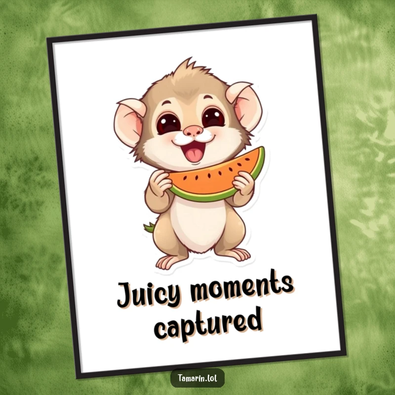 Funny Digital Art Print of a tamarin character excitedly holding a juicy piece of fruit, perfect for fruity home decor.