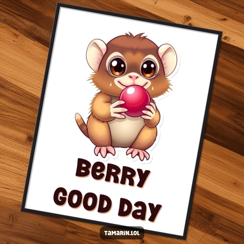 Funny Tamarin Digital Art Print showcasing a primate with delighted eyes, joyfully holding a shiny berry, for instant smiles.