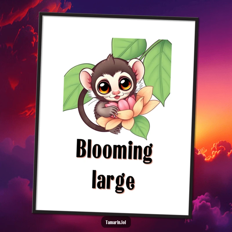 Funny Tamarin Flower Digital Art Print of a tamarin with wide, curious eyes investigating a giant flower, full of wonder.