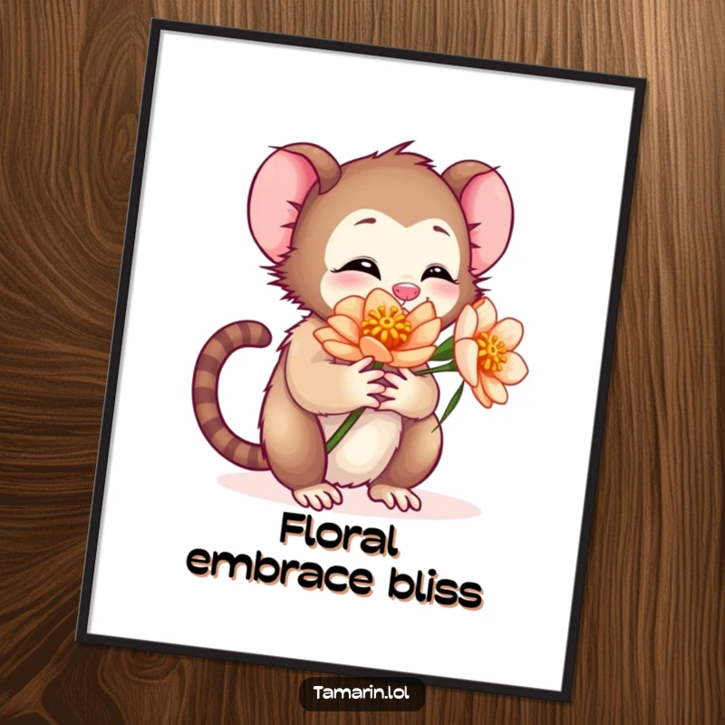 Funny digital art of a tamarin character giving a big, warm hug to a flower, perfect for adding a touch of sweetness and nature.