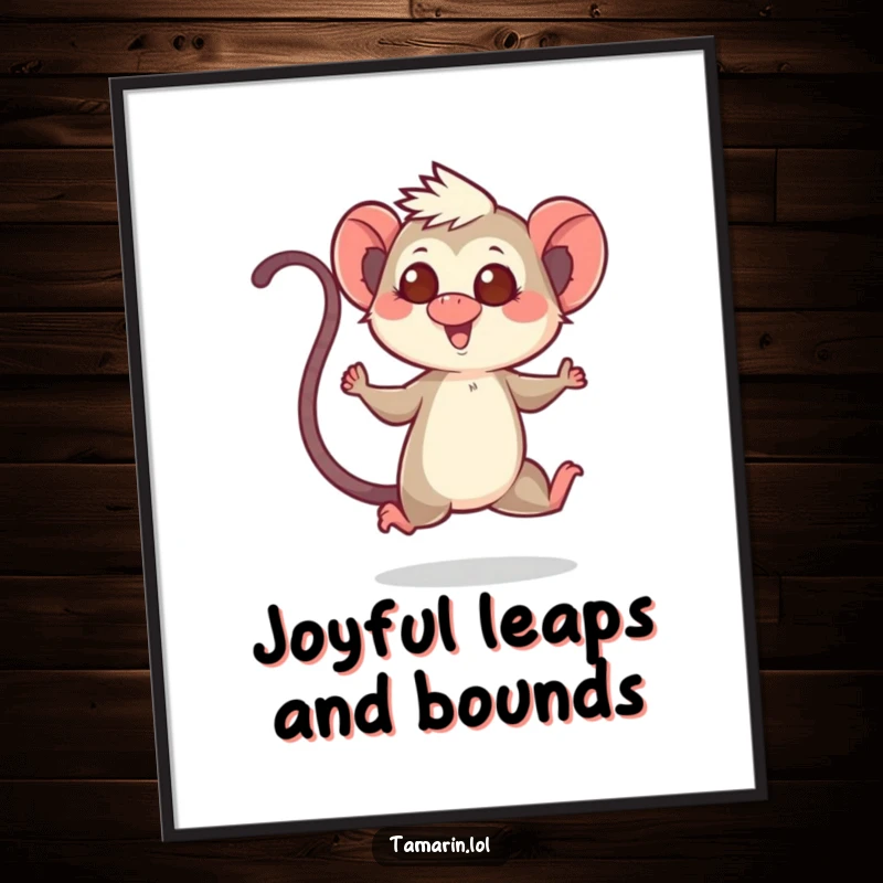 Funny digital art print of a tamarin character doing a cheerful hop with its tail up, radiating pure happiness.