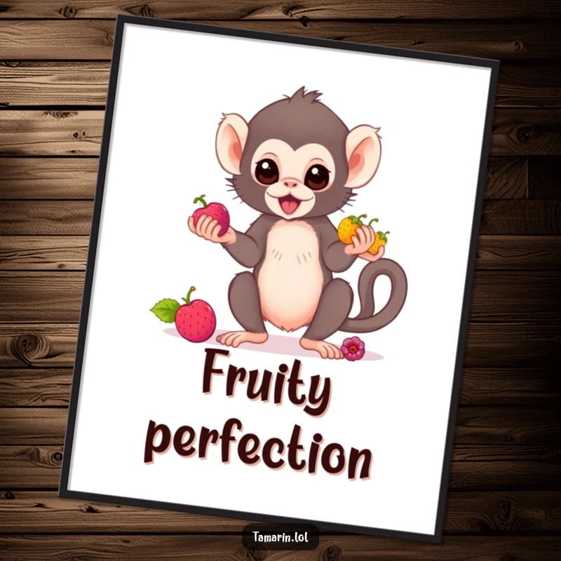 Funny tamarin monkey digital art print showing a cute primate juggling colorful berries, capturing a moment of delightful dexterity.