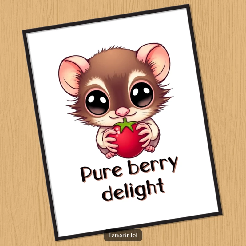 Funny digital art print of a wide-eyed tamarin looking intently at a juicy berry, high-quality and vibrant, ideal for wall decor, a funny gift.