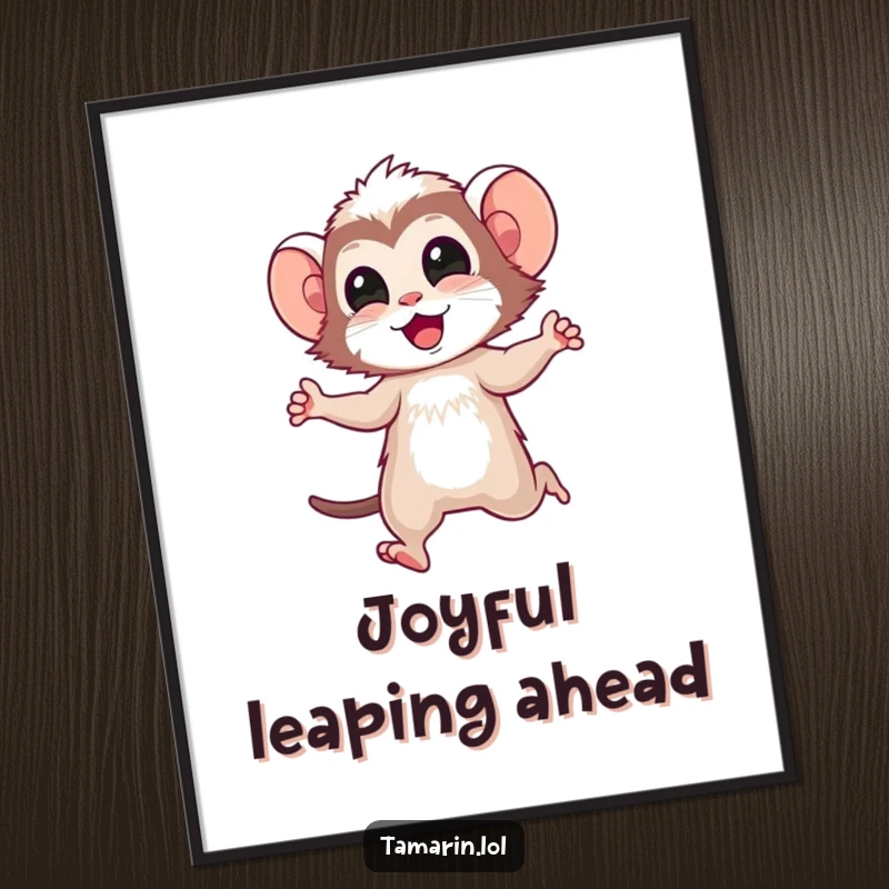 Funny tamarin digital art print of a happy tamarin character doing a joyful skip, radiating pure cheer and playful energy.