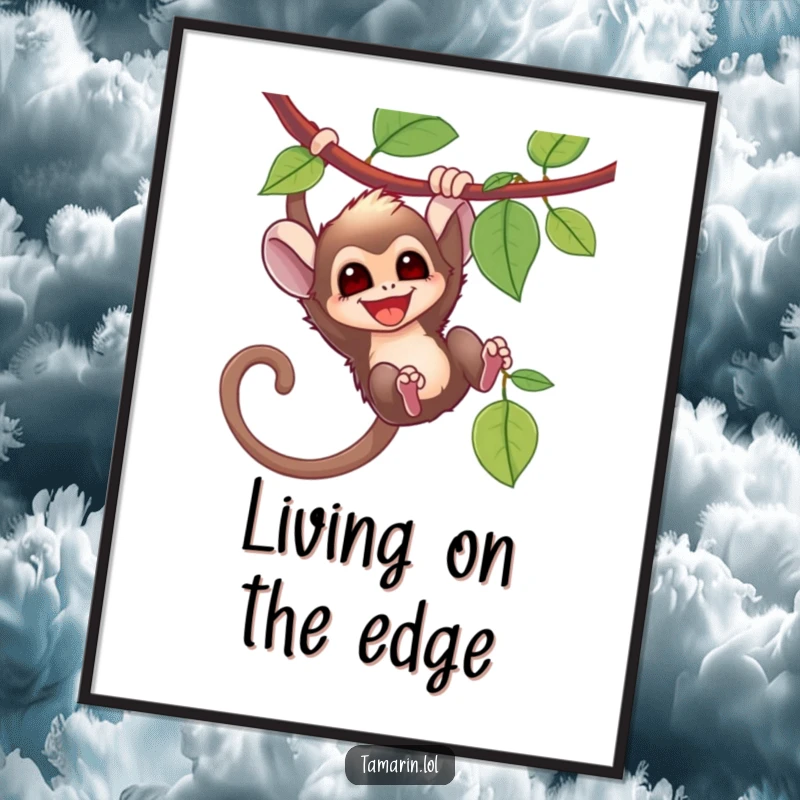 Funny tamarin monkey joyfully swinging from a vine with a huge grin, a high-energy digital art piece.