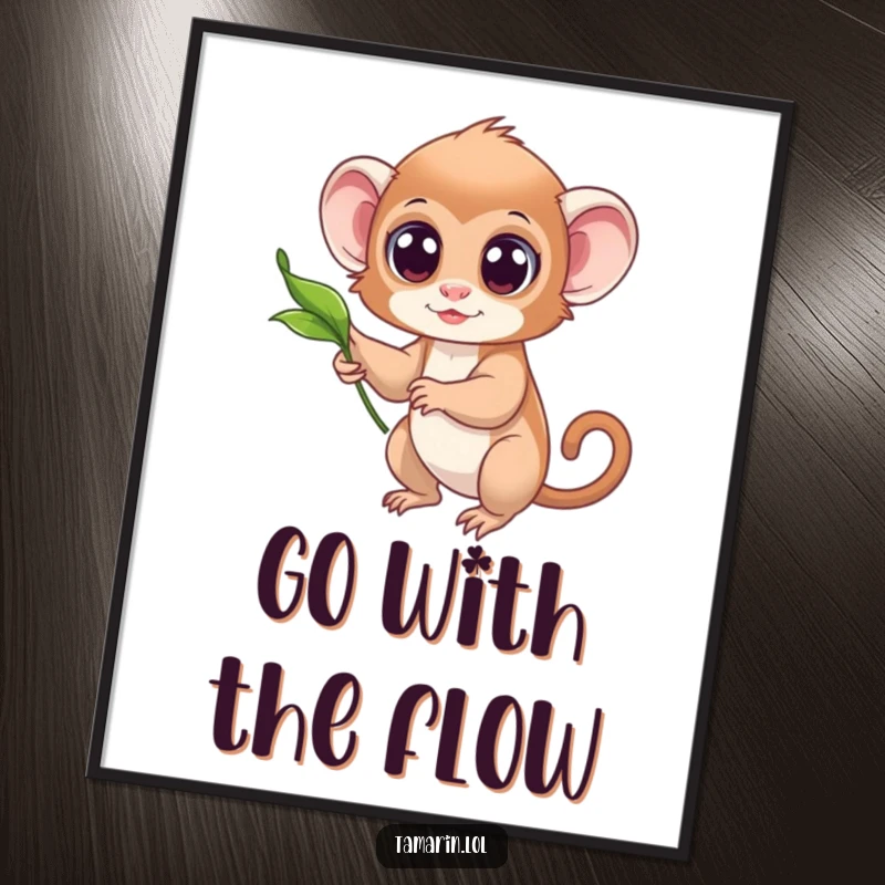 Funny digital print of a tamarin with large, curious eyes reaching for a single, gracefully floating leaf.