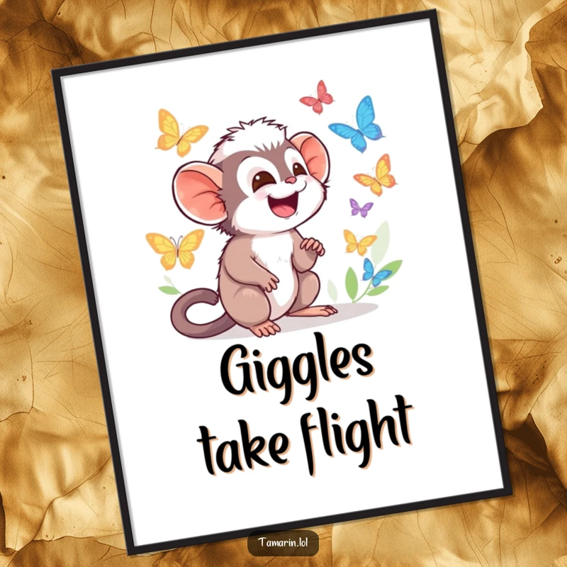 Funny Tamarin Digital Art Print featuring character giggling while watching colorful butterflies flutter by, perfect for decor.