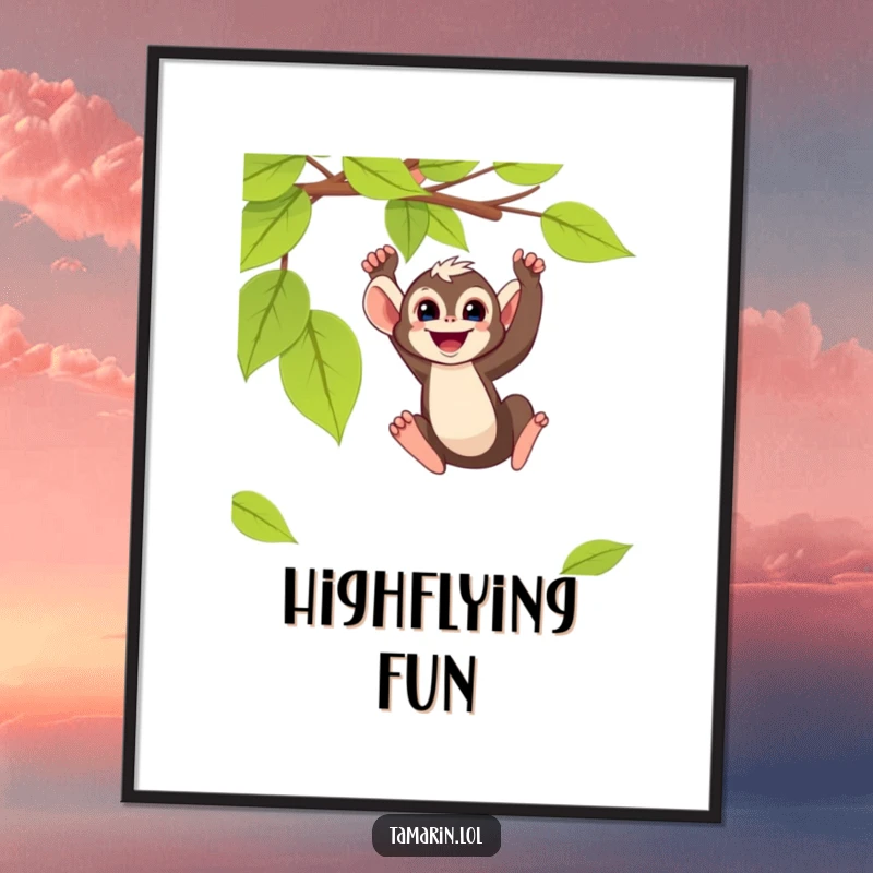 Funny tamarin monkey digital art print showing a primate swinging from a vine, capturing a moment of pure, joyful energy.