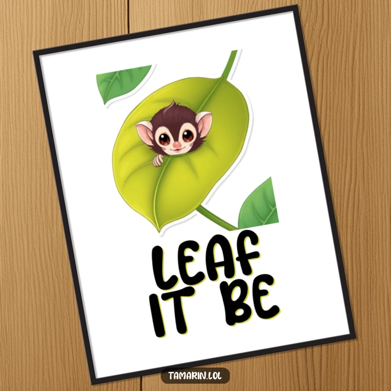 Funny tamarin digital art print of a curious monkey peeking from a large, vibrant leaf, ready to download.