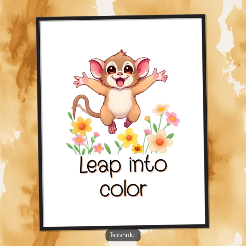 Funny digital art print of a tamarin with arms wide open, leaping through colorful flowers, perfect for humorous wall decor.
