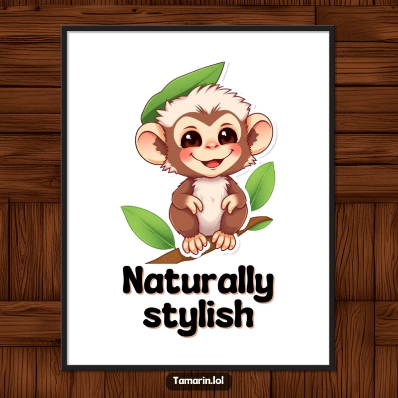 Funny tamarin monkey digital art print showing a smiling primate wearing a leaf as a hat, radiating woodland charm and humor.