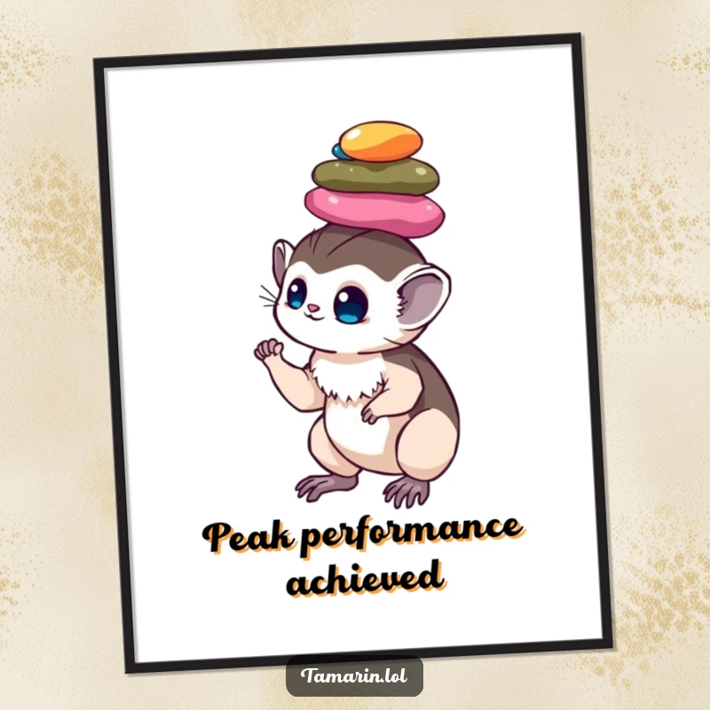 Funny tamarin digital art print: a high-resolution image of a focused monkey perfectly balancing colorful, shiny pebbles on its head, ready for download.