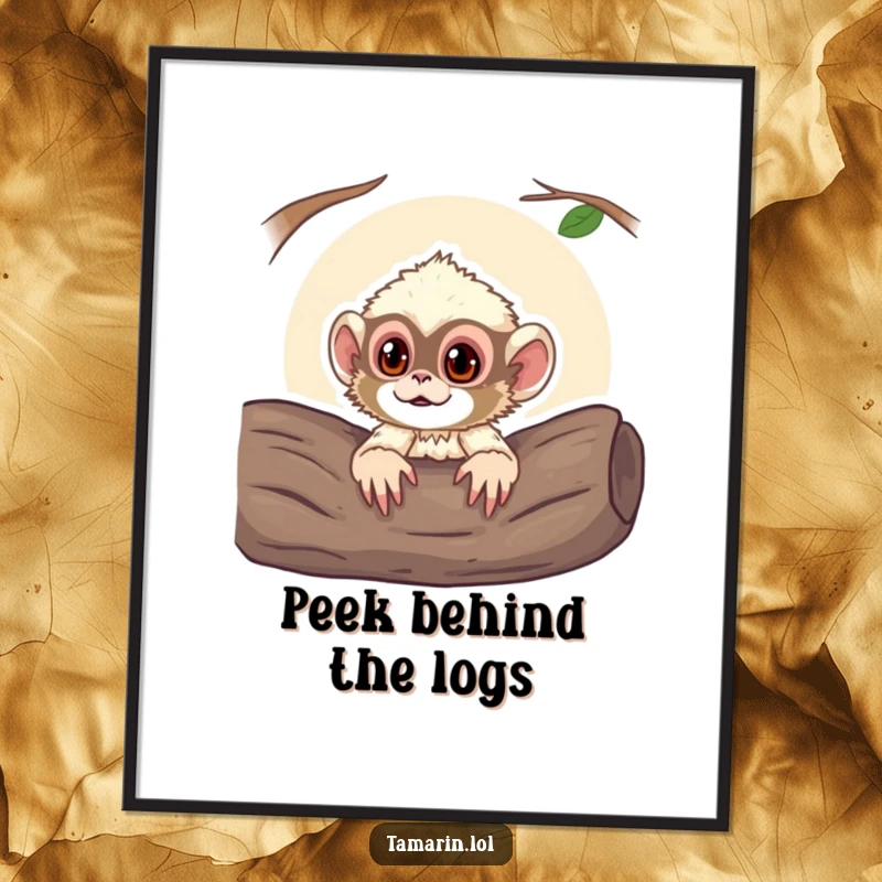 Funny digital art print of a curious tamarin monkey peeking its head out from a log, adding playful jungle vibes to decor.