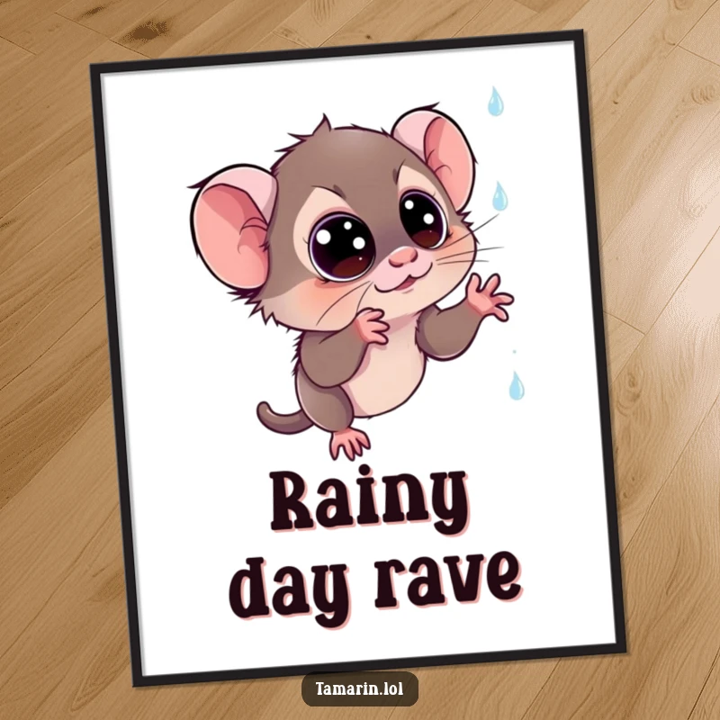 Funny tamarin digital art print: a high-quality image of a wide-eyed monkey reaching for shimmering, magical raindrops, ready for instant download.