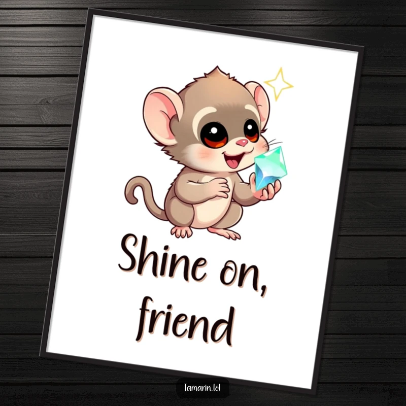 Funny tamarin digital art print of a monkey staring in awe at a sparkling gem, conveying humorous wonder digitally.