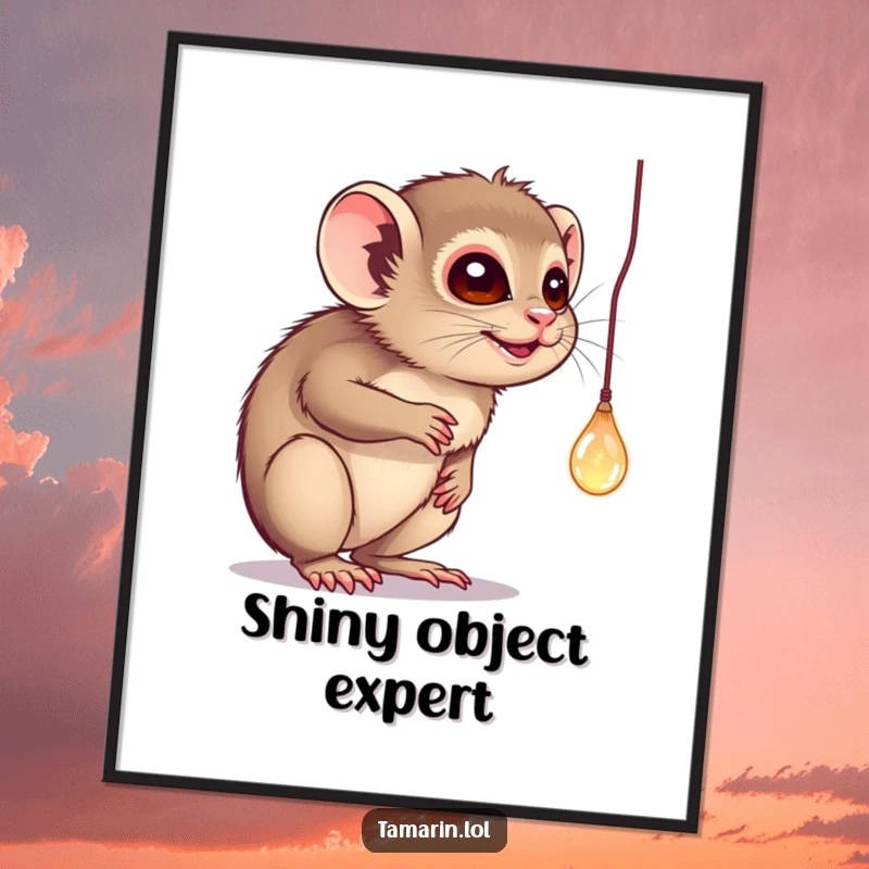 Funny digital art print of a tamarin batting playfully at a dangling, sparkling object, perfect for humorous wall decor.