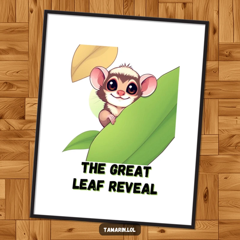 Funny tamarin monkey playfully peeking from behind a large leaf, a charming and humorous digital art piece.