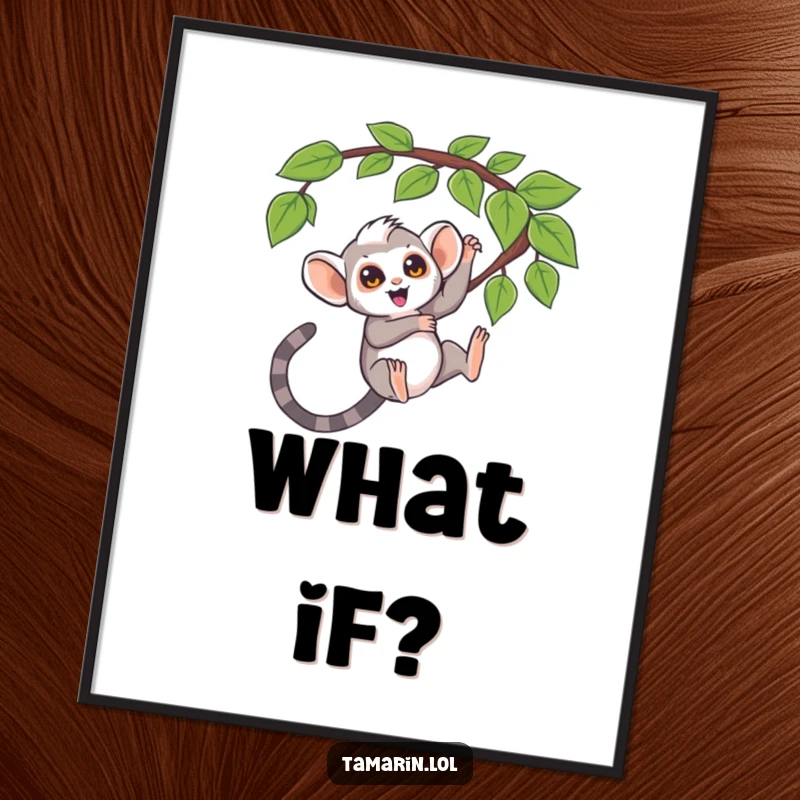 Funny digital art print, tamarin swinging from a question mark vine, curious monkey theme, instant download, funny gift.