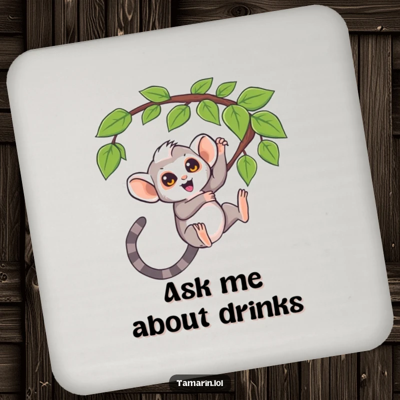 Funny coaster, tamarin swinging from a question mark vine, curious monkey decor, playful home accessory, perfect funny gift.