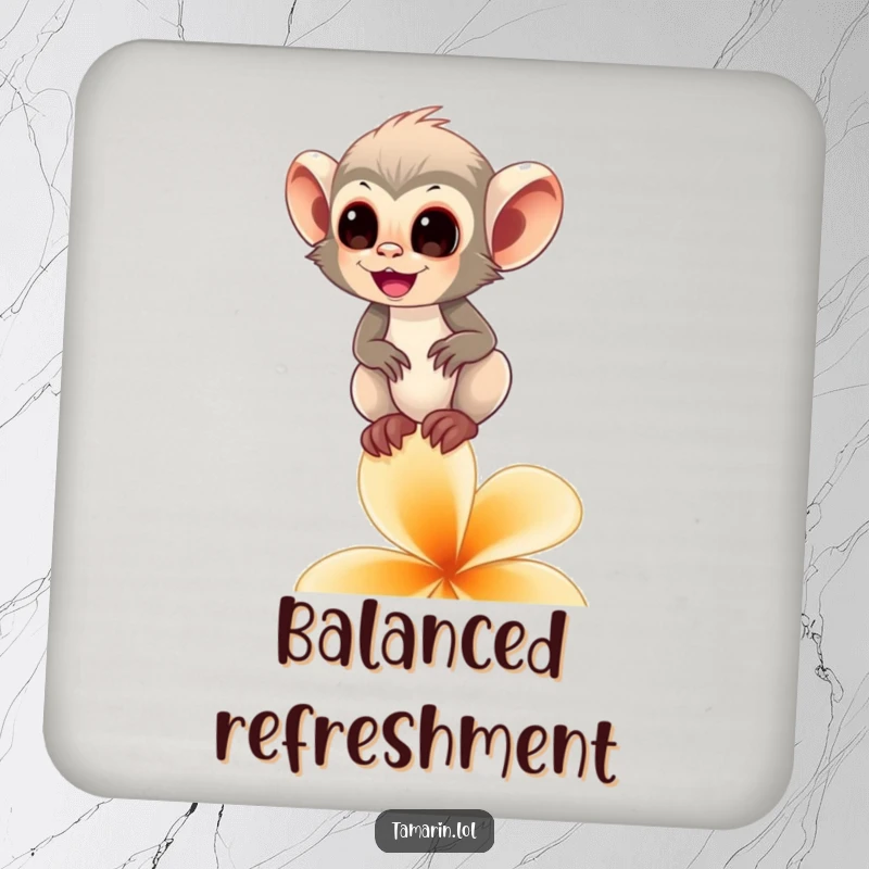 Funny tamarin monkey coaster featuring a happy primate balancing on a flower petal, perfect for surface protection with elegance.