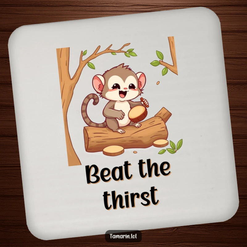 Funny tamarin drummer coasters, a happy primate drumming on logs, protecting surfaces with musical flair and vibrant energy.