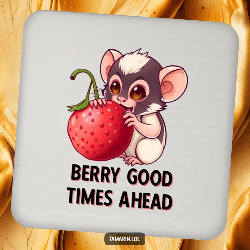Funny tamarin coaster: a small coaster featuring a happy monkey enjoying a large berry, protecting surfaces with a touch of humor.